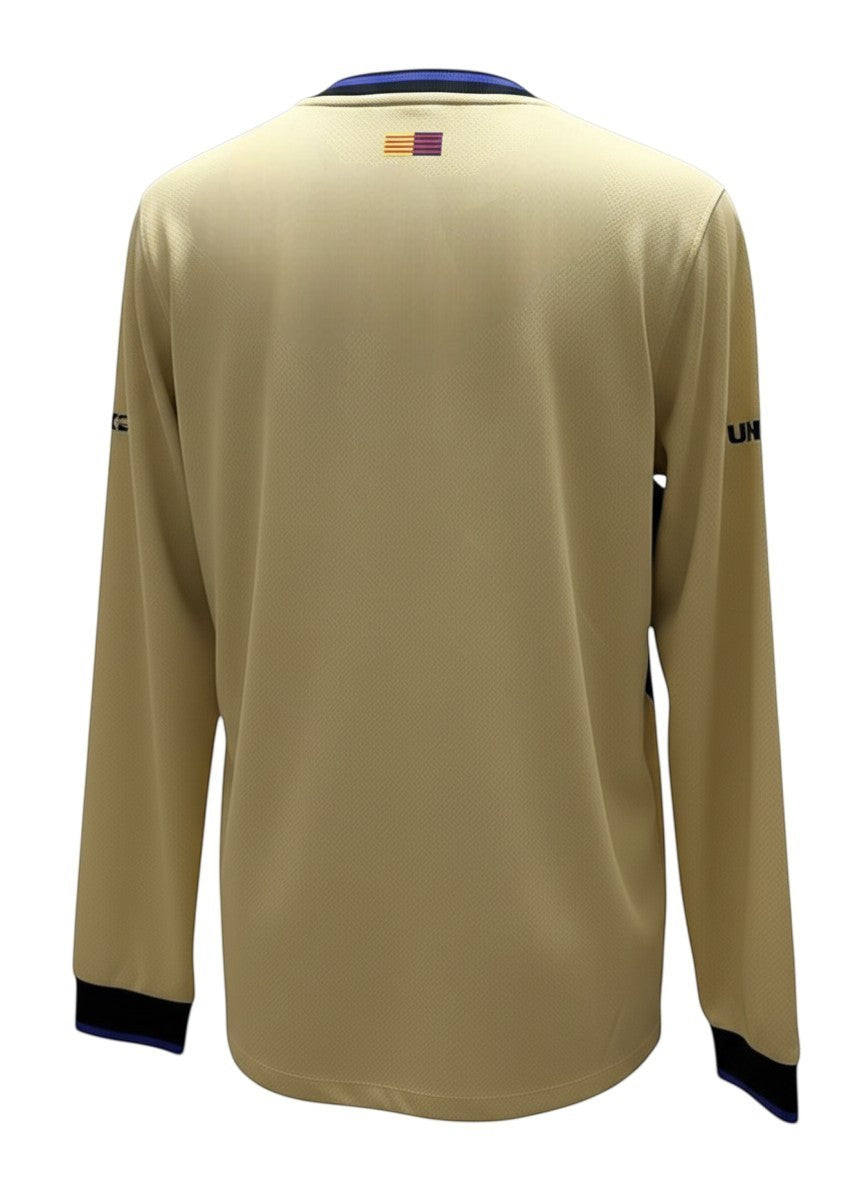 GOATkitz Barcelona 2025-26 adult away long sleeve jersey in beige with blue and purple collar detail and sleeve cuffs.