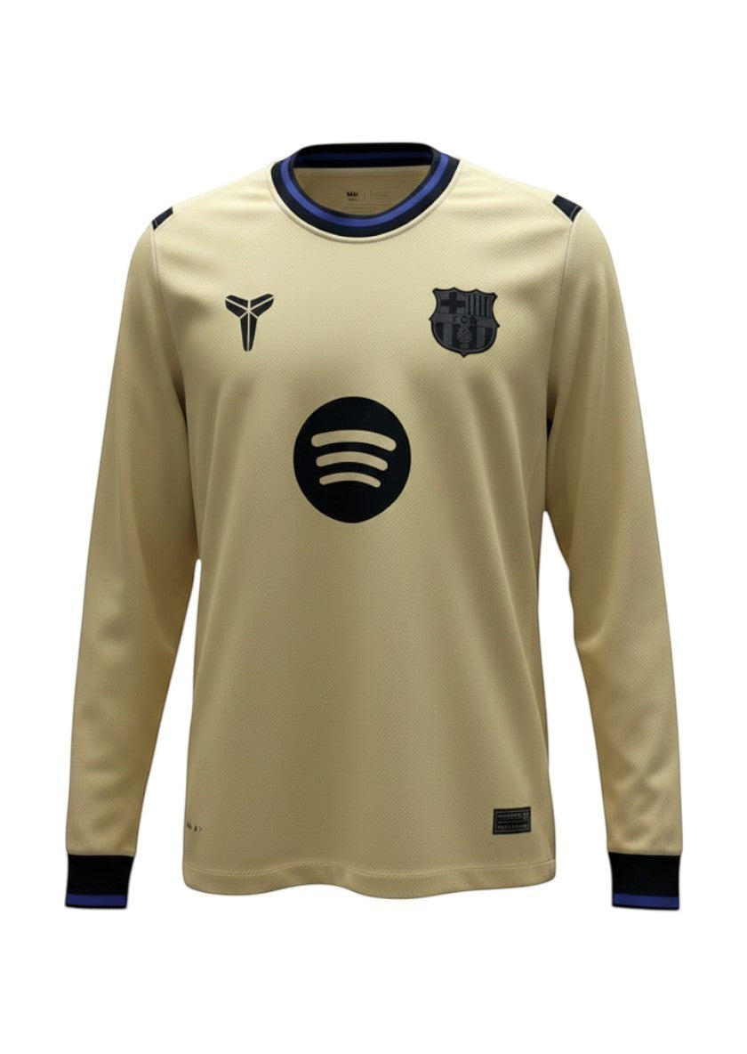 GOATkitz Barcelona 2025-26 away long sleeve jersey in pale yellow with black and blue trim. Features Spotify logo and team crest.