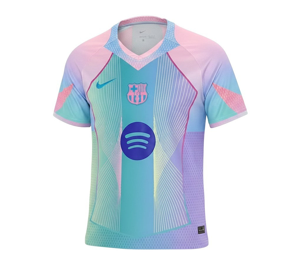 GOATkitz Barcelona 2025-26 concept jersey in blue, pink, and teal with Spotify logo. Adult size.