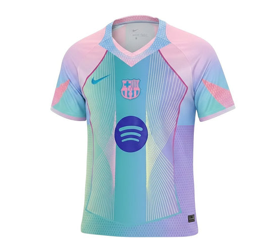 GOATkitz Barcelona 2025-26 concept jersey in blue, pink, and teal with Spotify logo. Adult size.