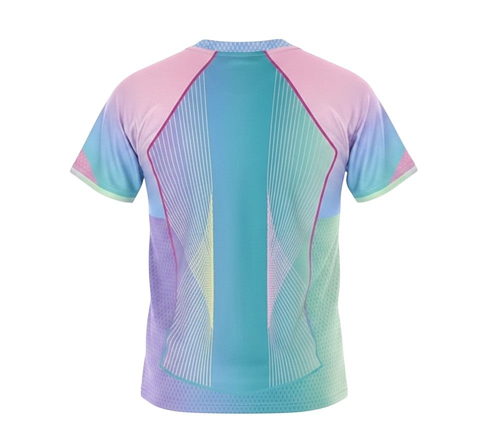 GOATkitz Barcelona 2025-26 concept jersey in blue, pink, and pastel gradient with abstract line design. Adult size.