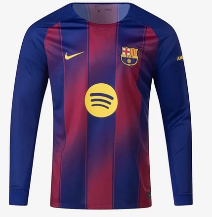 GOATkitz Barcelona 2025-26 adult home long sleeve jersey in blue and red stripes with Spotify logo.