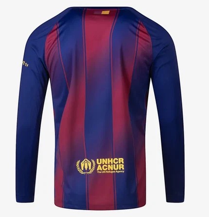 GOATkitz Barcelona 2025-26 adult home long sleeve jersey in blue and maroon stripes, featuring UNHCR logo.