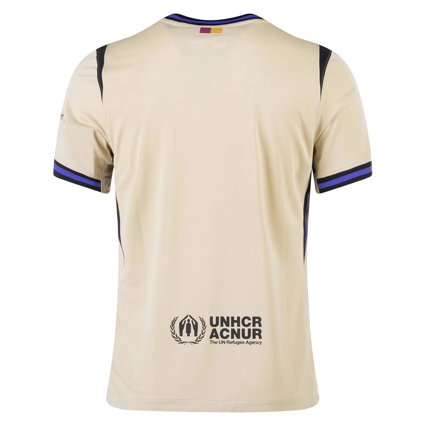 GOATkitz Barcelona 2025-26 kids away jersey in beige with blue and purple trim. Features UNHCR logo on back.