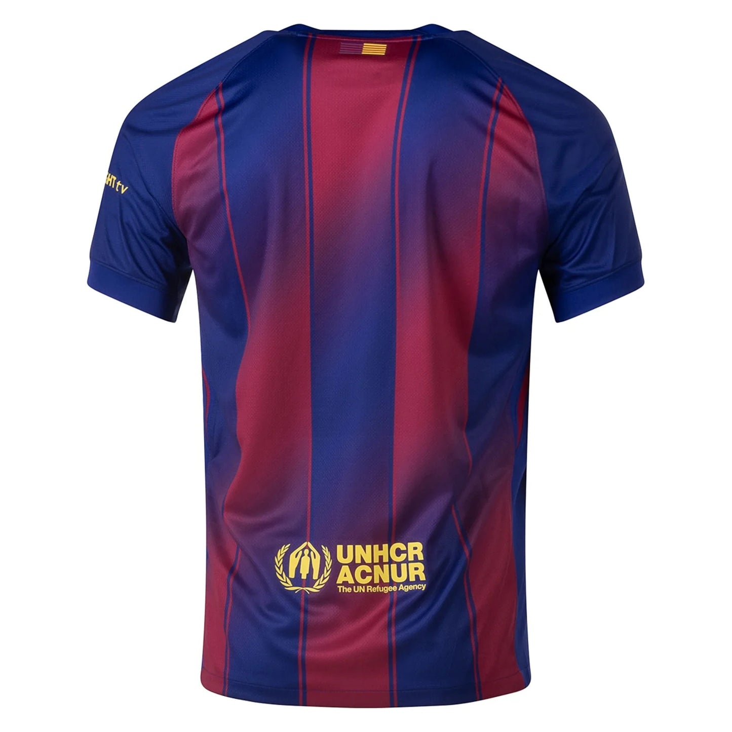 GOATkitz Barcelona 2025-26 kids home jersey back view, blue and maroon vertical stripes, UNHCR logo on lower back.