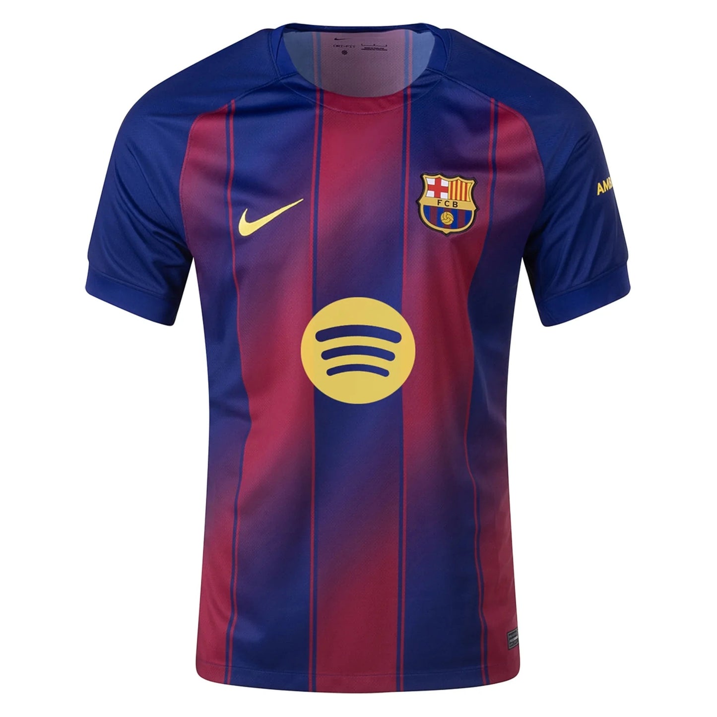 GOATkitz Barcelona 2025-26 kids home jersey in blue and maroon stripes with Spotify logo and FCB crest.