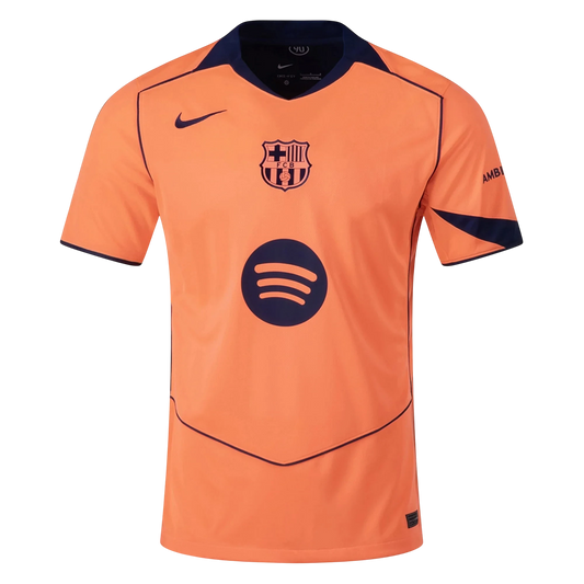 GOATkitz Barcelona 2025-26 kids third jersey in orange with navy trim and logos. Customizable.