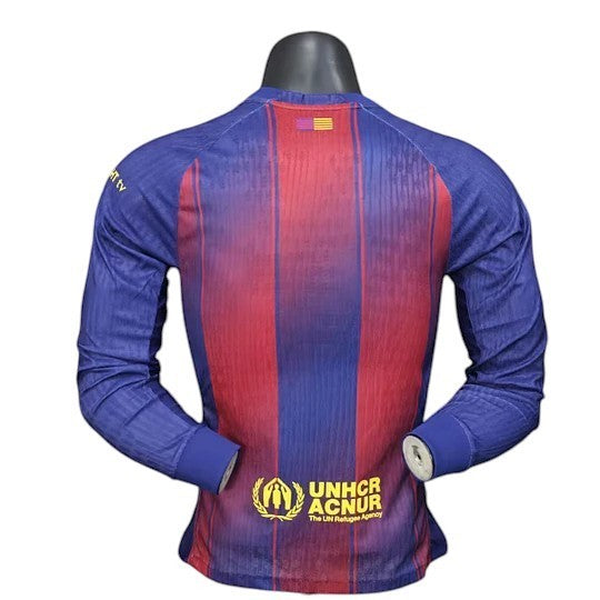 GOATkitz Barcelona 2025-26 adult player version home long sleeve jersey in blue and red stripes with UNHCR logo.