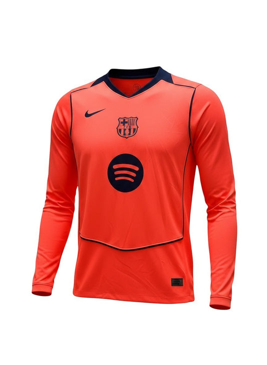 GOATkitz Barcelona 2025-26 adult third long sleeve jersey in vibrant orange with navy trim and logos.