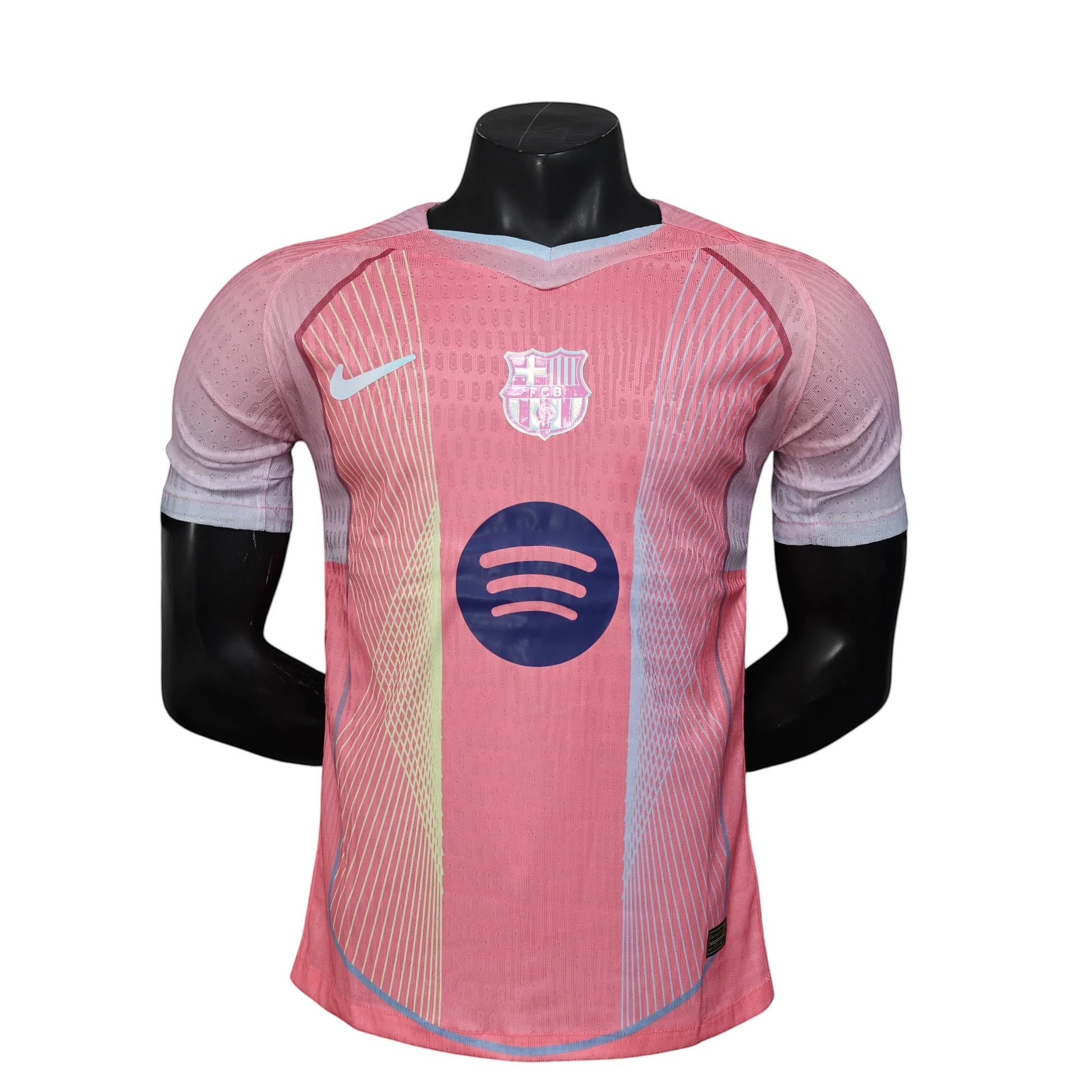 GOATkitz Barcelona pink concept player version jersey with Nike logo and Spotify sponsor. Customizable.