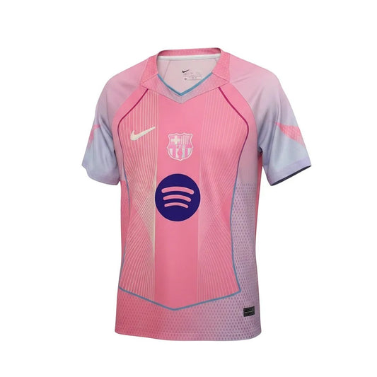 GOATkitz Barcelona pink concept kids jersey with Spotify logo and team crest. Short sleeves, V-neck, and customizable name/number.
