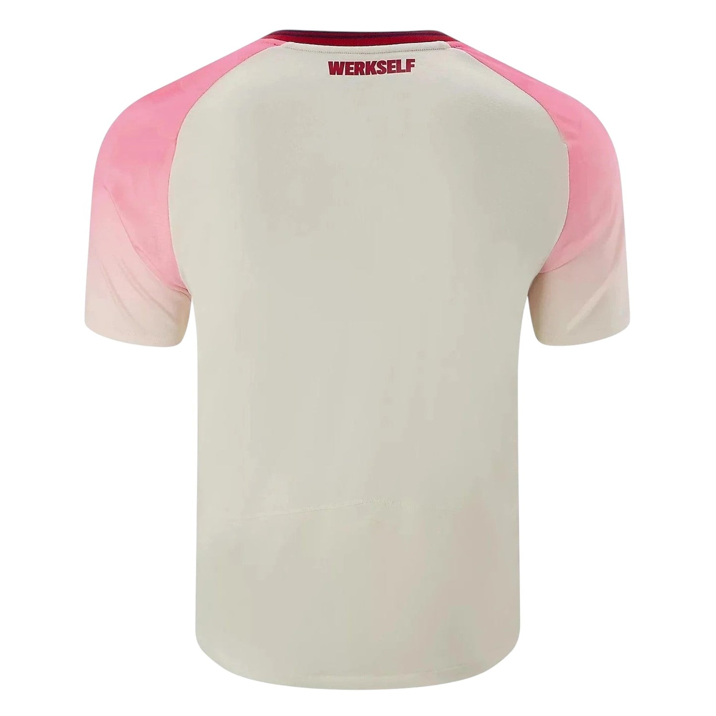 GOATkitz Bayer Leverkusen 2025-26 adult away jersey in cream with pink ombre sleeves and red 'WERKSELF' detail on the back.