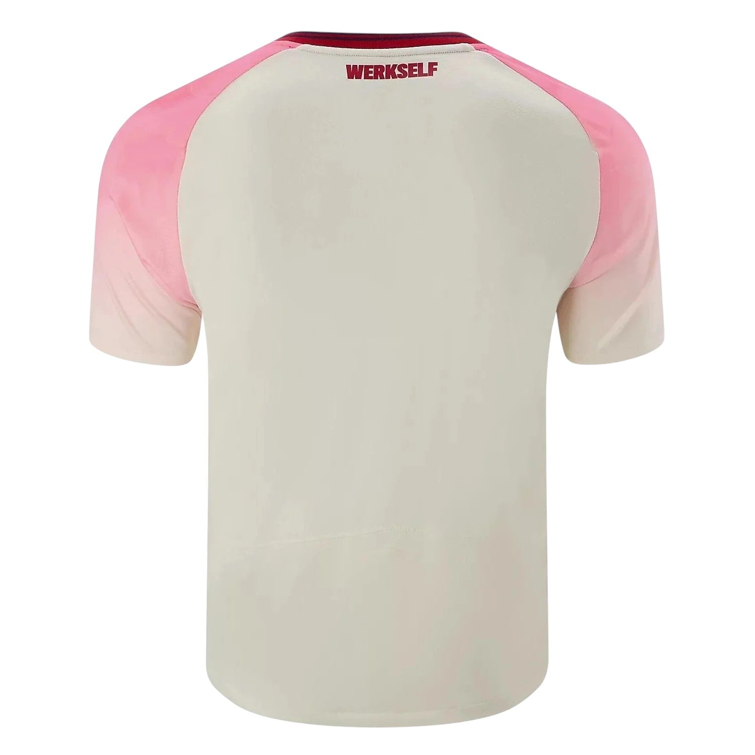 GOATkitz Bayer Leverkusen 2025-26 adult away jersey in cream with pink ombre sleeves and red 'WERKSELF' detail on the back.