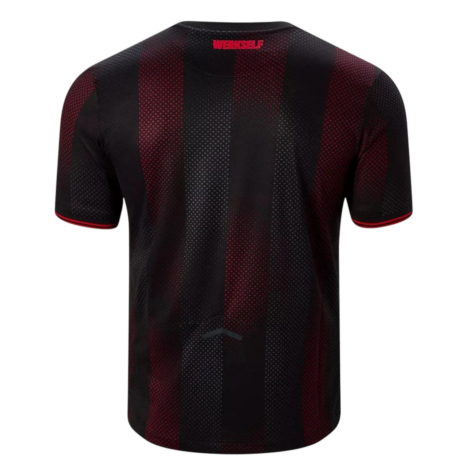 GOATkitz Bayer Leverkusen 2025-26 adult home jersey, black with red vertical stripes and red trim on sleeves.