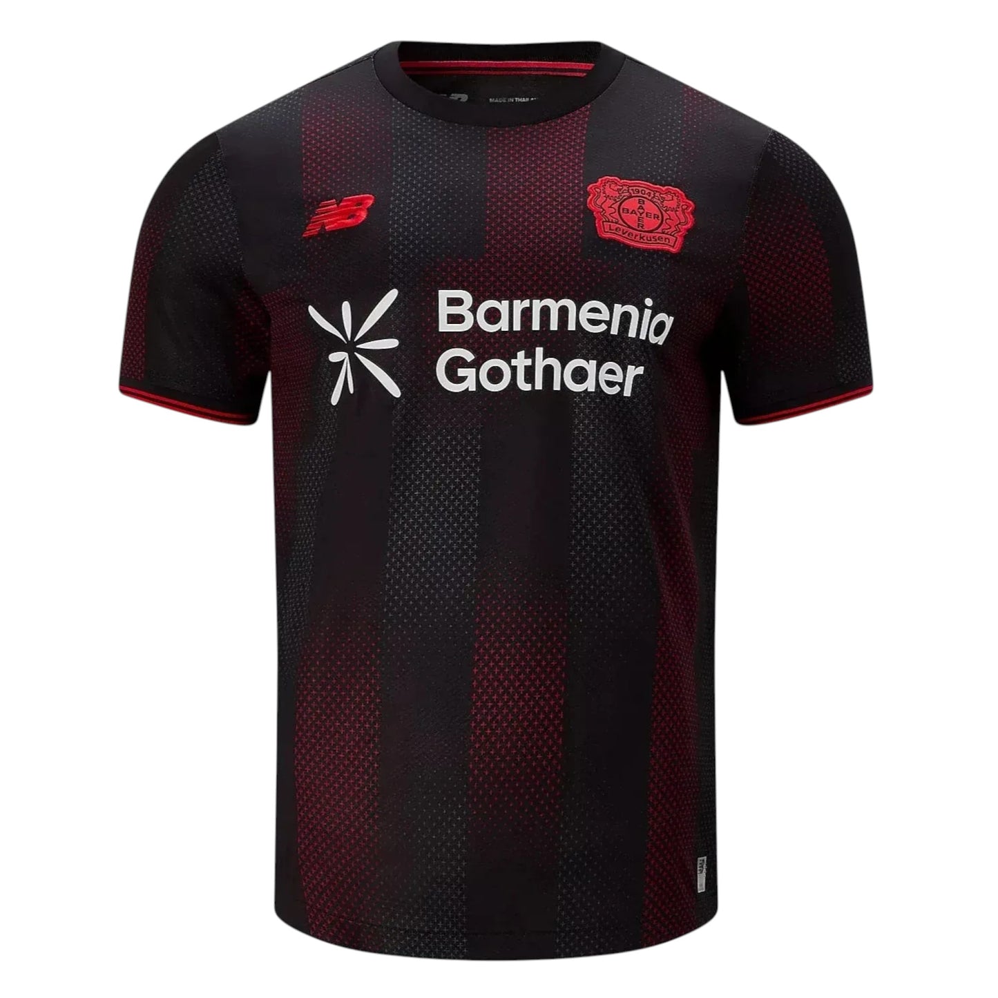 GOATkitz Bayer Leverkusen 2025-26 adult home jersey in black with red vertical stripes and red trim. Features team crest, sponsor logos, and New Balance branding.