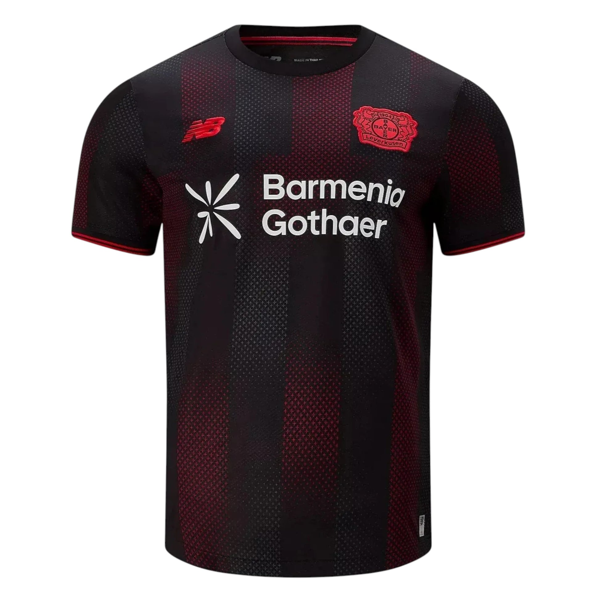 GOATkitz Bayer Leverkusen 2025-26 adult home jersey in black with red vertical stripes and red trim. Features team crest, sponsor logos, and New Balance branding.
