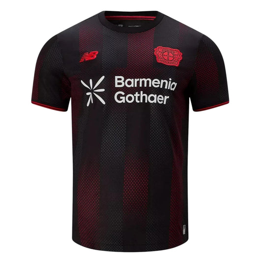 GOATkitz Bayer Leverkusen 2025-26 adult home jersey in black with red vertical stripes and red trim. Features team crest, sponsor logos, and New Balance branding.
