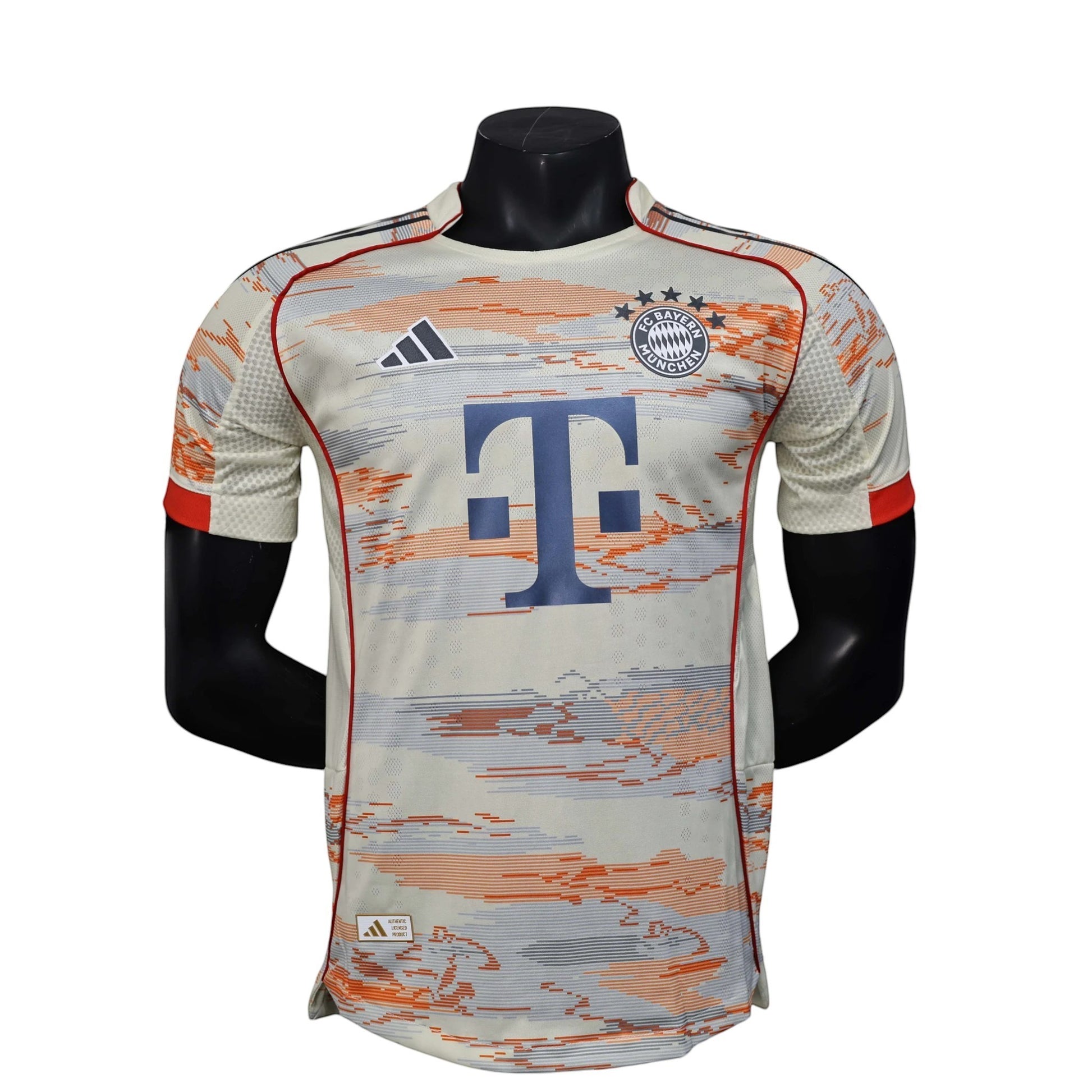 GOATkitz Bayern Munich 2025-26 away jersey, cream with orange and grey abstract pattern, red accents, player version