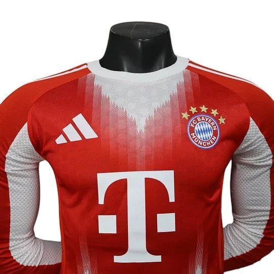 GOATkitz Bayern Munich 2025-26 red long sleeve player version jersey with white accents and T-Mobile sponsor.