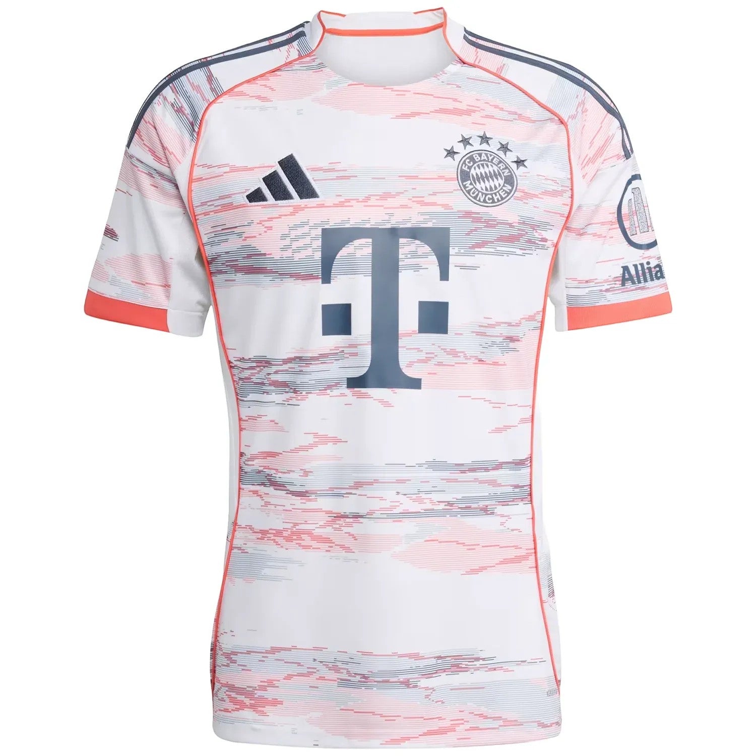 GOATkitz Bayern Munich 2025-26 adult away jersey in white with red and blue abstract pattern, featuring T-Mobile logo.