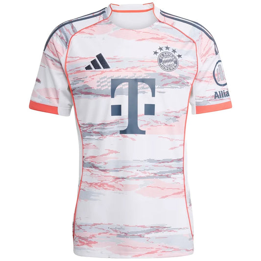GOATkitz Bayern Munich 2025-26 adult away jersey in white with red and blue abstract pattern, featuring T-Mobile logo.