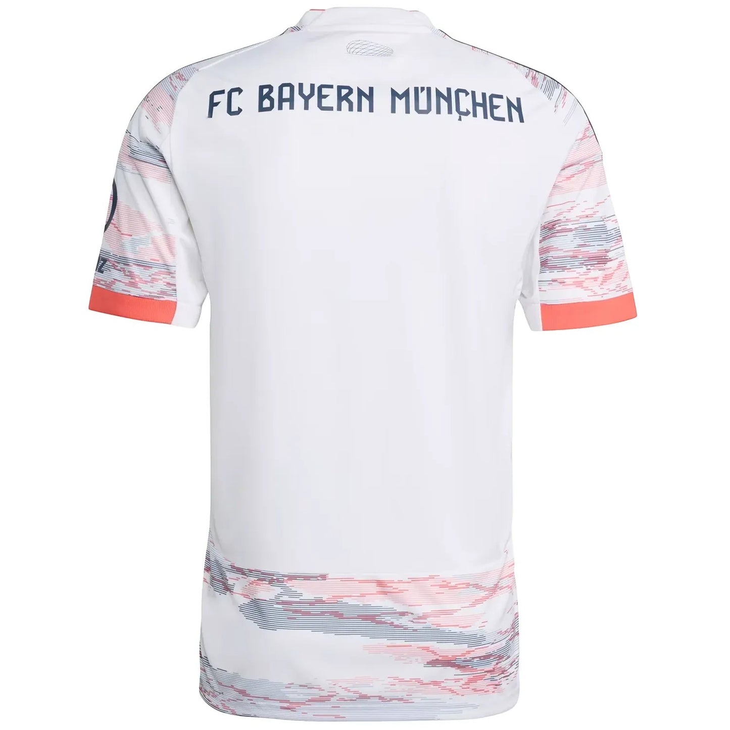 GOATkitz white Bayern Munich 2025-26 adult away jersey with red and blue abstract pattern on sleeves and hem.