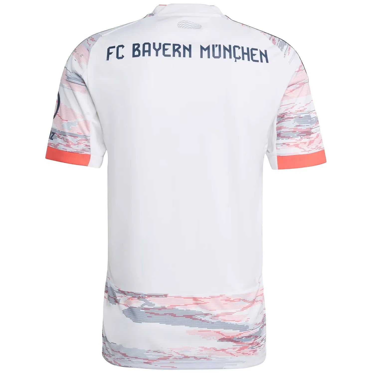 GOATkitz white Bayern Munich 2025-26 adult away jersey with red and blue abstract pattern on sleeves and hem.