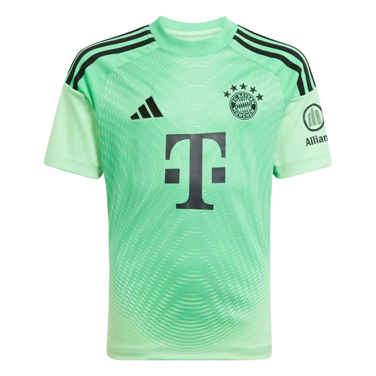 GOATkitz Bayern Munich 2025-26 green goalkeeper jersey with T-Mobile logo and Adidas stripes. Customizable.