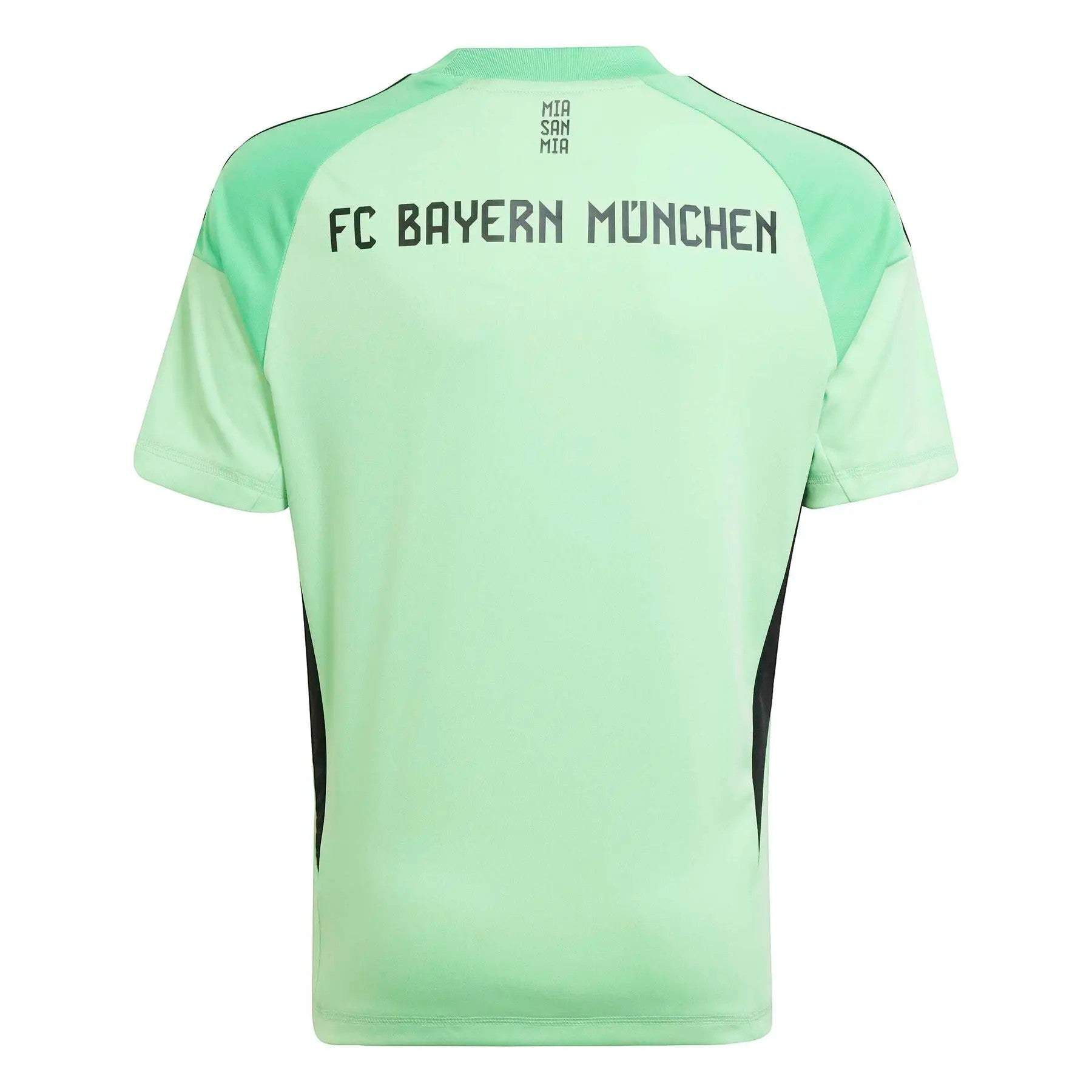GOATkitz Bayern Munich 2025-26 green goalkeeper jersey with FC Bayern München text on back. Short sleeves, crew neck.