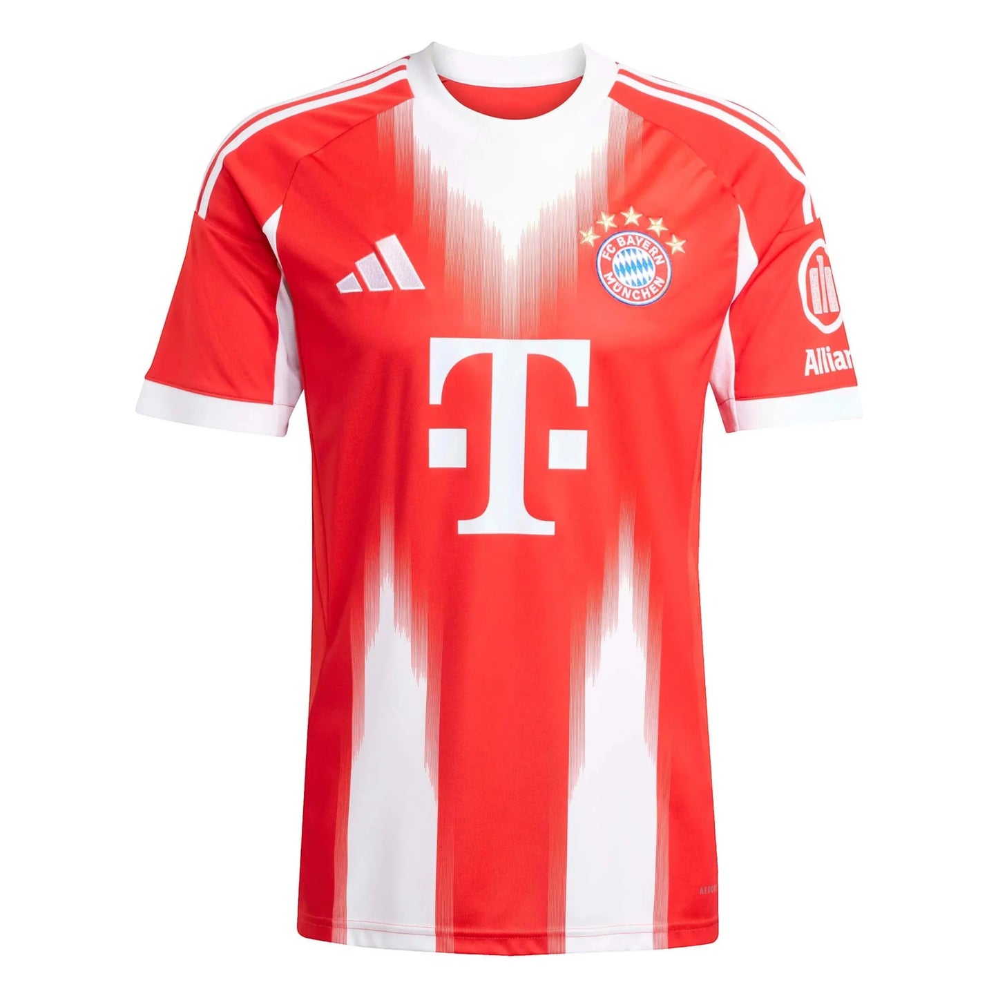 GOATkitz Bayern Munich 2025-26 red and white striped short-sleeve fan jersey with T-Mobile logo.