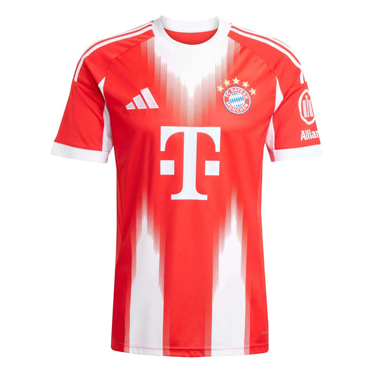 GOATkitz Bayern Munich 2025-26 red and white striped short-sleeve fan jersey with T-Mobile logo.