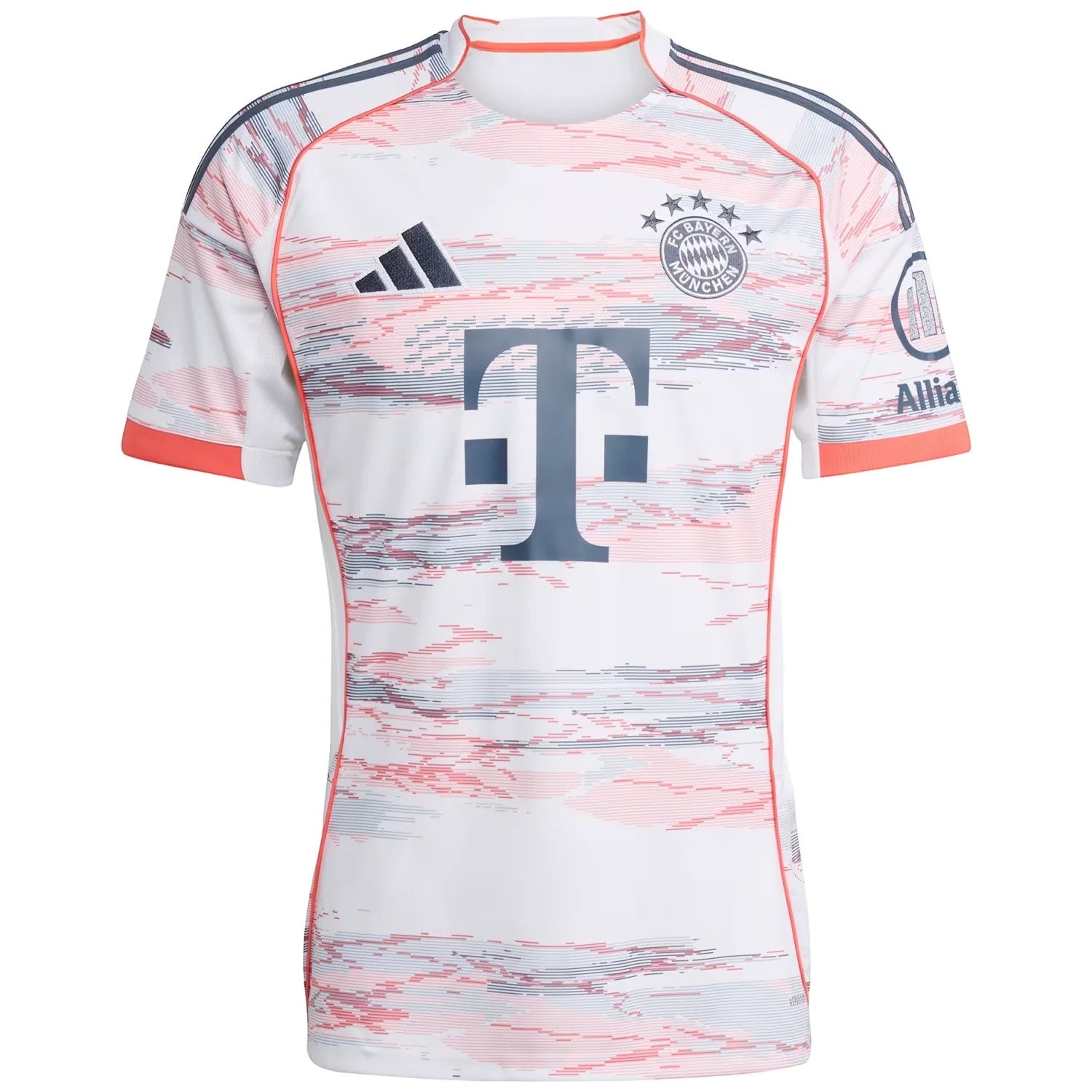 GOATkitz Bayern Munich 2025-26 kids away jersey with abstract red and blue pattern, T-Mobile logo, and coral accents.