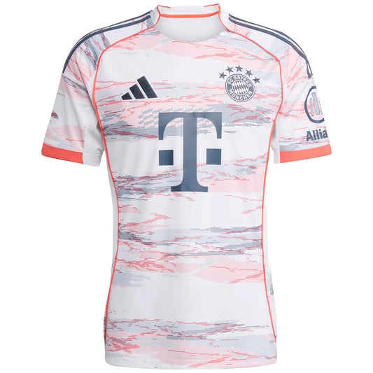 GOATkitz Bayern Munich 2025-26 kids away jersey with abstract red and blue pattern, T-Mobile logo, and coral accents.