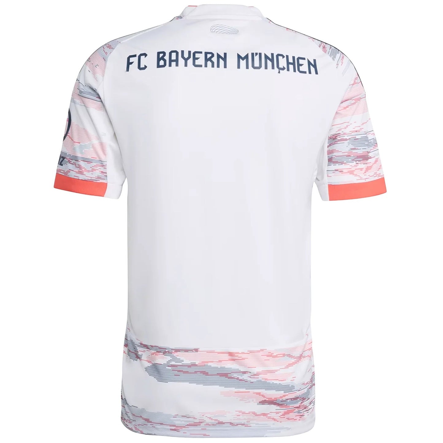 GOATkitz Bayern Munich 2025-26 kids away jersey, white with red and blue abstract pattern on sleeves and hem.