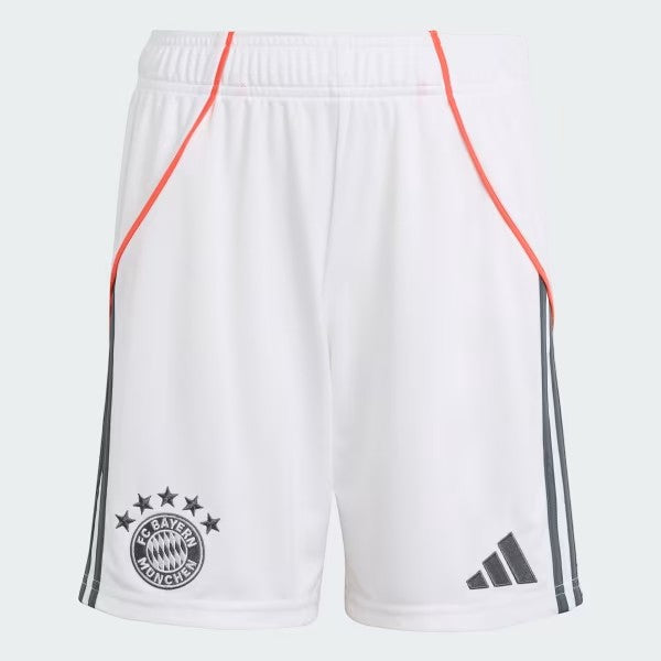 GOATkitz Bayern Munich 2025-26 kids away white football shorts with coral trim and grey accents.