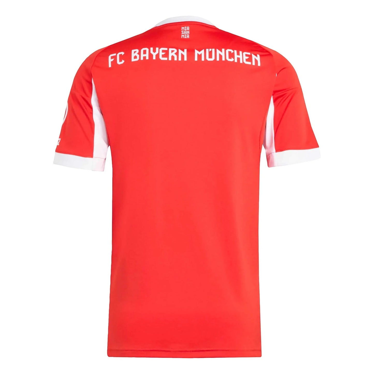 GOATkitz Bayern Munich 2025-26 kids home jersey in red with white accents and 'FC Bayern München' text on the back.