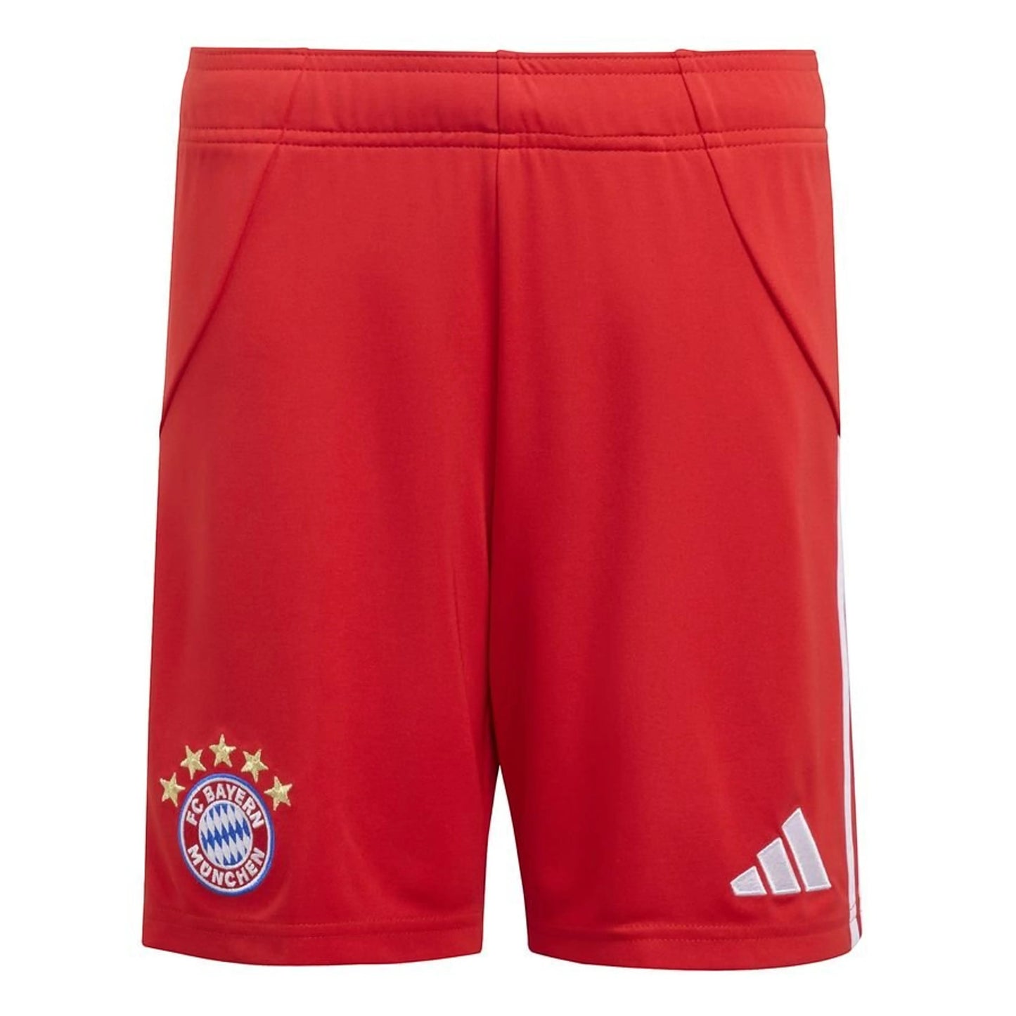 GOATkitz Bayern Munich 2025-26 kids red soccer shorts with embroidered crest and Adidas stripes.