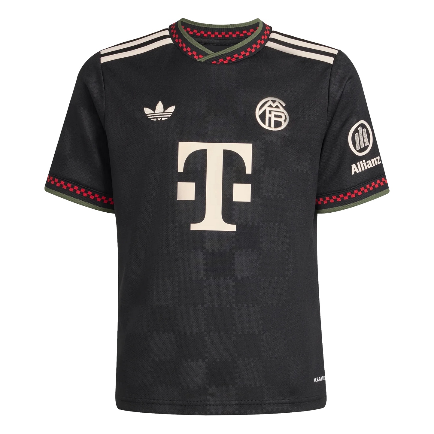 GOATkitz Bayern Munich 2025-26 kids third jersey in black with white Adidas stripes on sleeves and red/green trim.