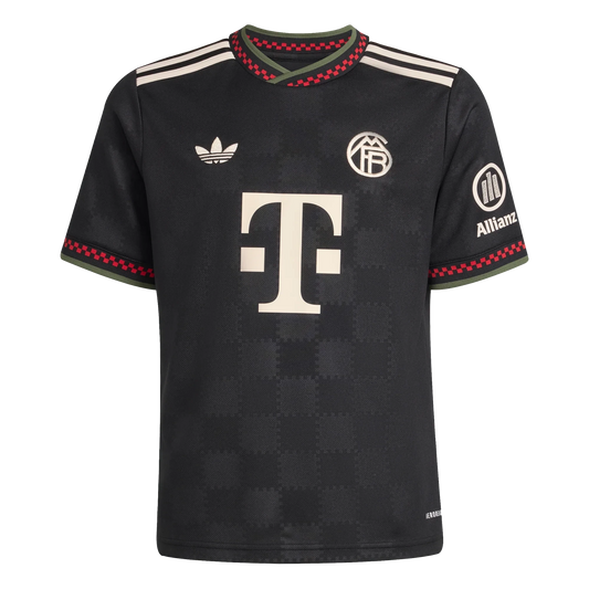 GOATkitz Bayern Munich 2025-26 kids third jersey in black with white Adidas stripes on sleeves and red/green trim.