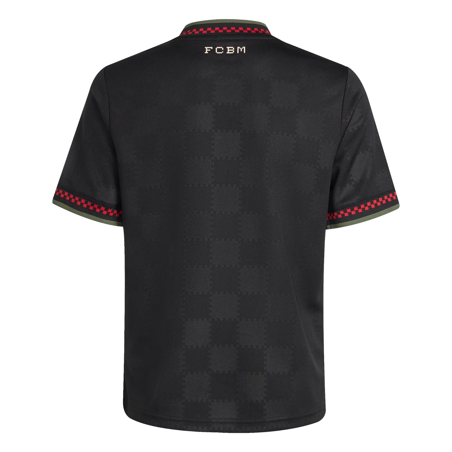 GOATkitz Bayern Munich 2025-26 kids third jersey in black with red and green checkered trim on collar and sleeves. Features subtle checkered pattern.