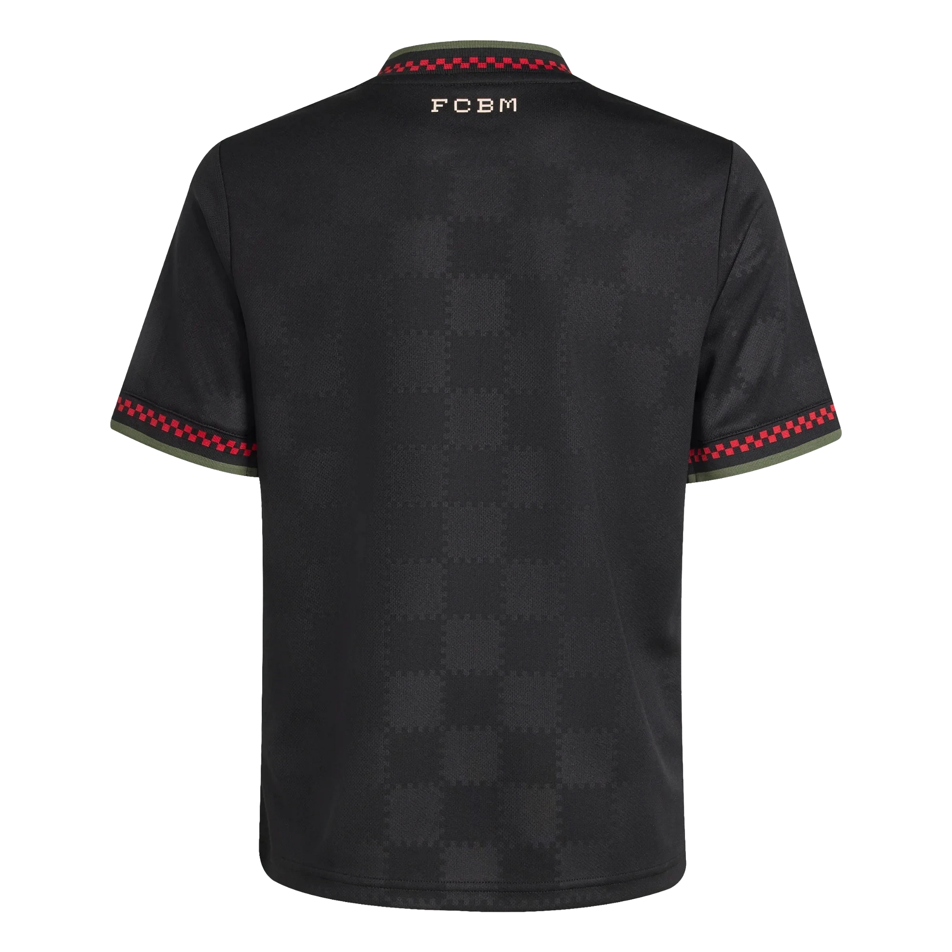 GOATkitz Bayern Munich 2025-26 kids third jersey in black with red and green checkered trim on collar and sleeves. Features subtle checkered pattern.