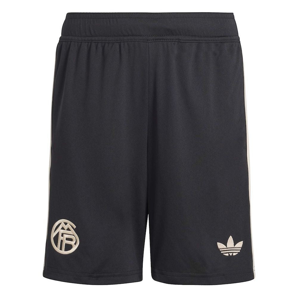 GOATkitz Bayern Munich 2025-26 kids third jersey shorts in black with cream accents and embroidered logos.