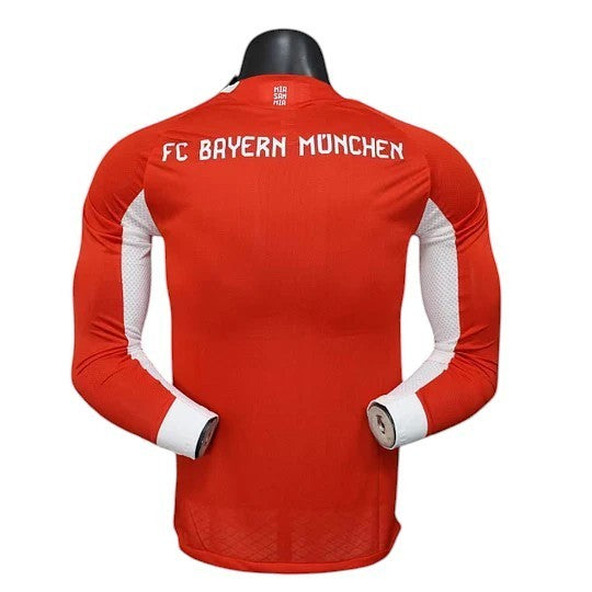 GOATkitz Bayern Munich 2025-26 red long sleeve player version jersey with white accents and customizable name/number.