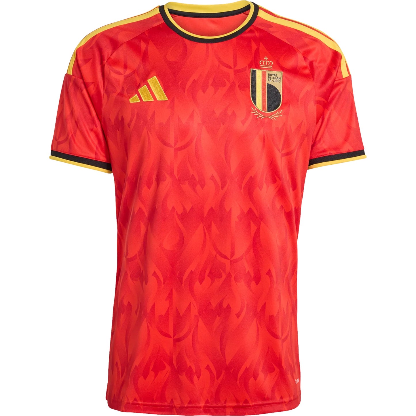 GOATkitz Belgium 2026 Adult Home Jersey in red with flame pattern, yellow trim, and crest. Customizable.