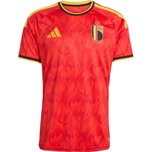 GOATkitz Belgium 2026 Adult Home Jersey in red with flame pattern, yellow trim, and crest. Customizable.