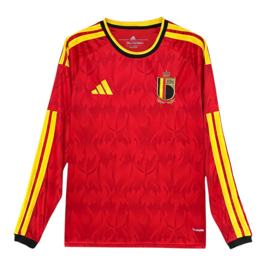 GOATkitz Belgium 2026 long sleeve red football jersey with yellow accents and crest. Features flame pattern.