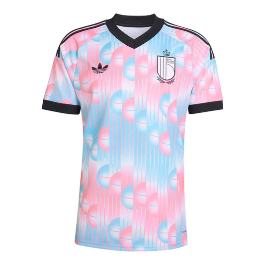 GOATkitz Belgium 2026 adult away jersey in pink and blue with a geometric pattern and black trim.
