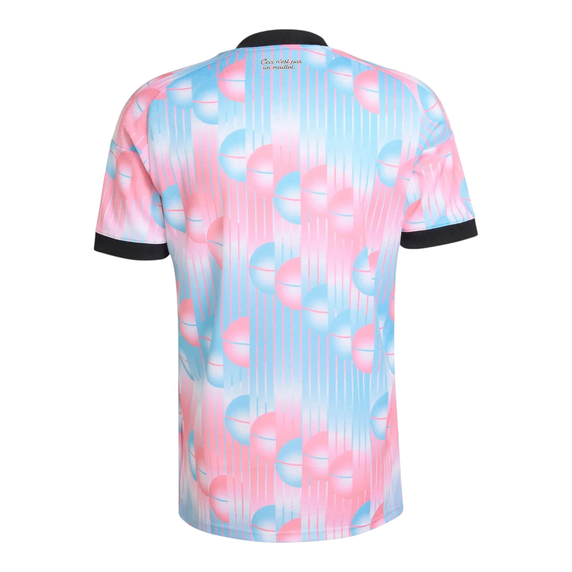 GOATkitz Belgium 2026 adult away jersey in pink and light blue with a repeating geometric pattern and black trim on the collar and sleeves.