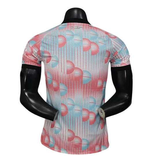 GOATkitz Belgium 2026 player version away jersey in pink and light blue with a geometric pattern. Short sleeves and black trim.