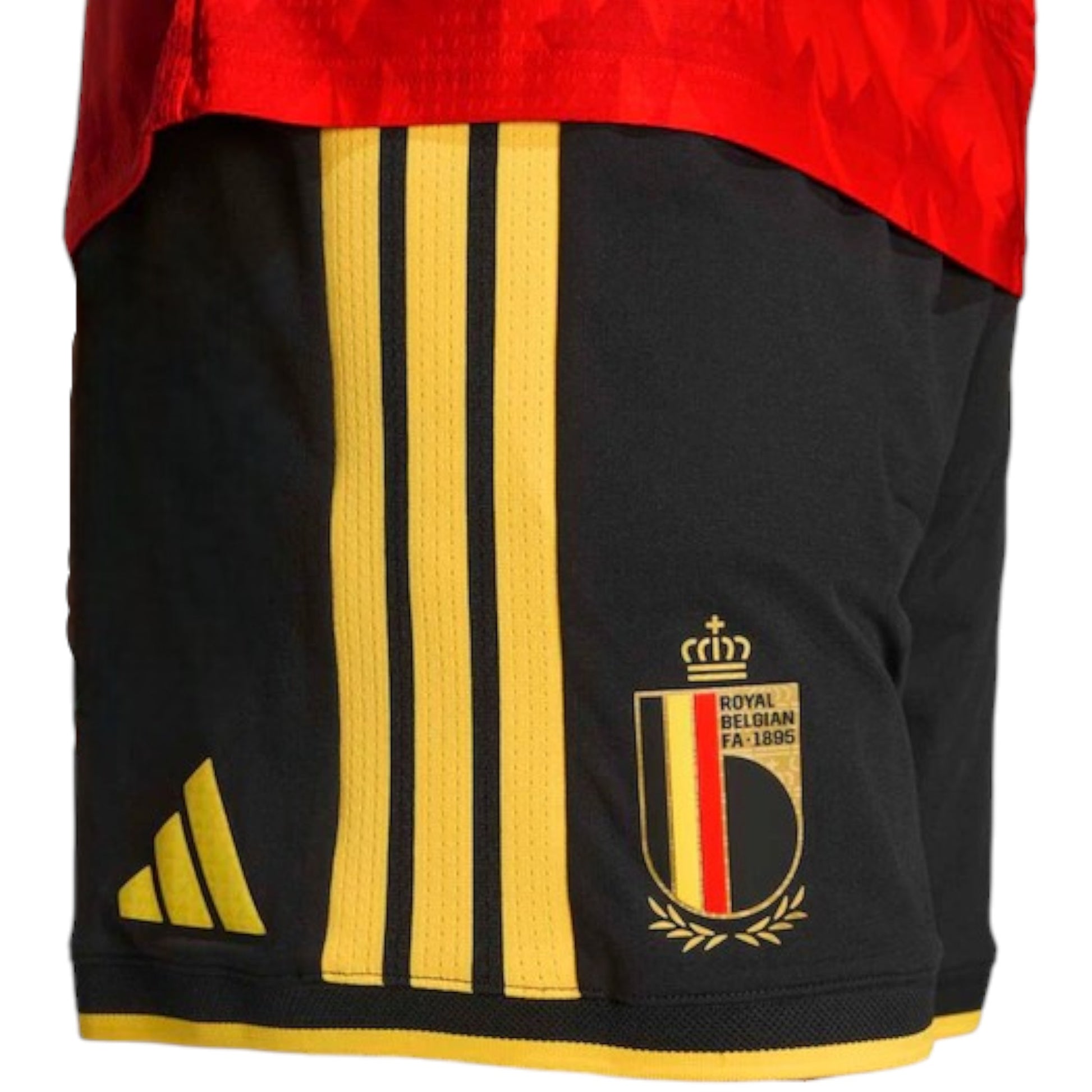 GOATkitz Belgium 2026 kids home football shorts in black with yellow stripes and the Royal Belgian FA crest.